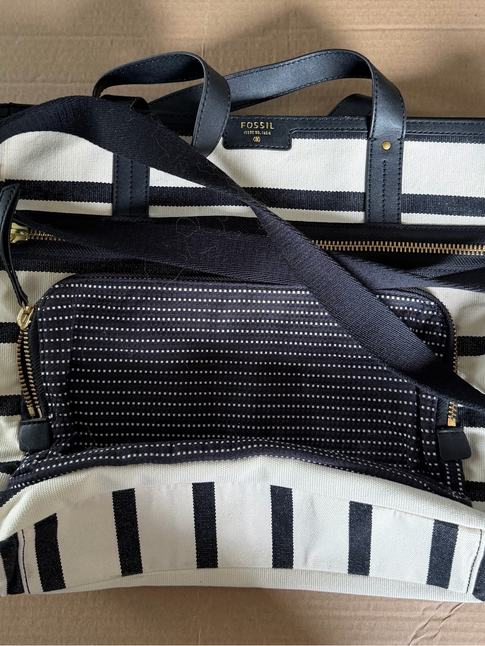 Fossil Black & White Striped Canvas Tote Bag